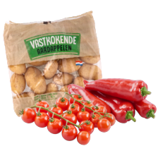 Noordertrots tros cherry tomaatjes
schaal à 250 gram, zoete puntpaprika rood
zak à 500 gram of vastkokende
aardappelen zak à 3 k